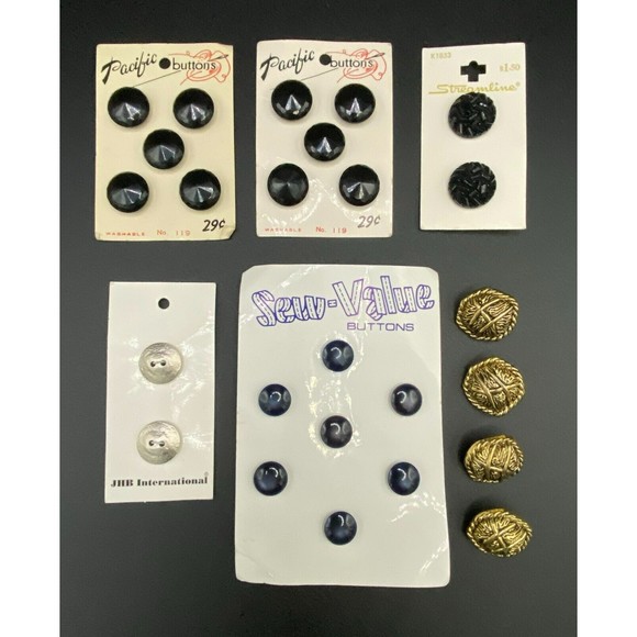 VINTAGE Lot Of 5 Cards Of Black and Silver Tone and Loose Gold Tone Buttons - Picture 1 of 7